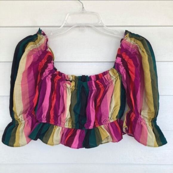 LPA x Revolve NEW Leila Multi Rainbow Stripe Ruffled Cropped Poof Sleeve Top XS - Picture 3 of 6